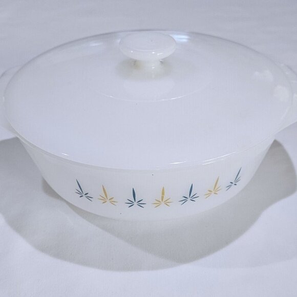 Fire King Anchor Hocking candle glow Qt covered casserole milk glass atomic star - Picture 2 of 5